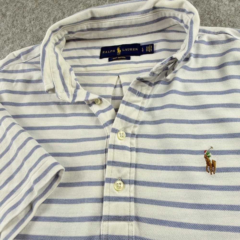 Ralph‎ Lauren Polo Shirt Mens L Knit Oxford Stripe S S Flesh Pony Preppy Defect - Picture 4 of 15